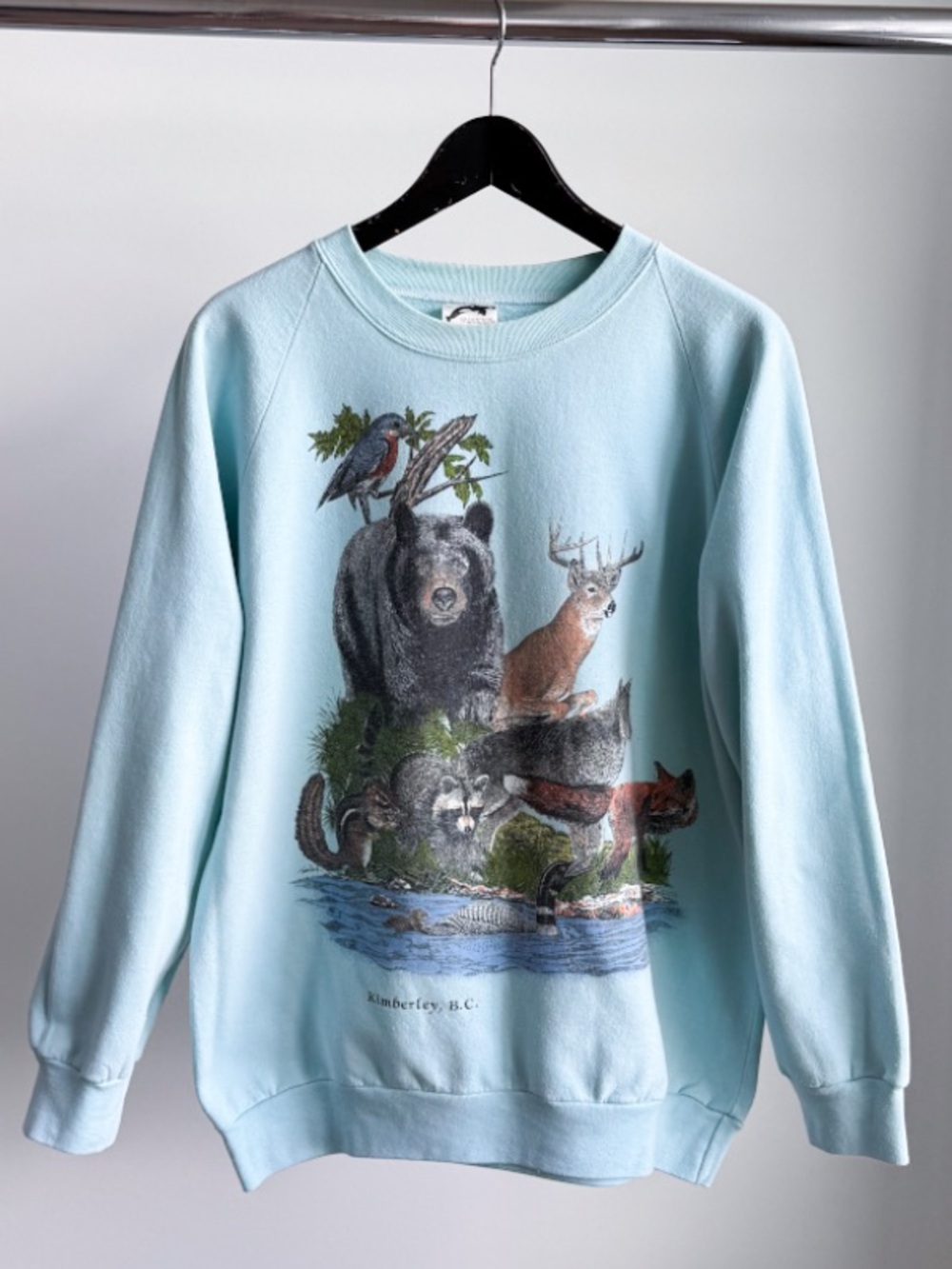 Vtg 1989 Harlequin Nature Graphics Wildlife Bear Moose Sweatshirt M Seafoam Aqua